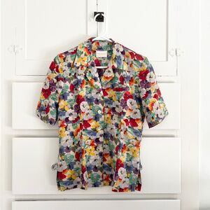 Geiger Collections Vintage 100% Silk Multicolor Floral Button Up Shirt Size 4